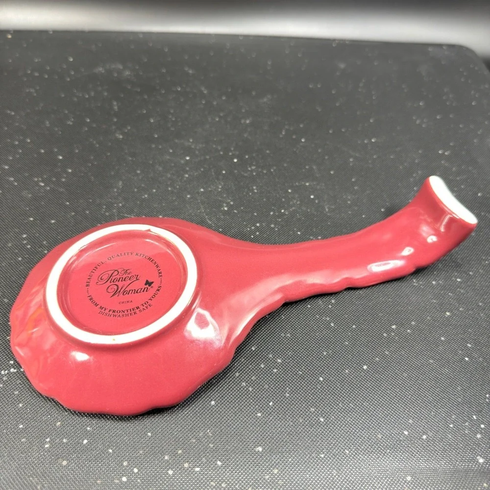 The Pioneer Woman Burgundy Polka Dot Ceramic Spoon Rest Scalloped Edge Stoneware
